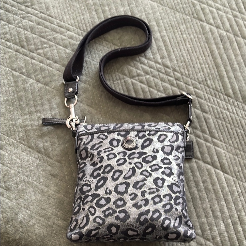 Coach Black/Silver/Gray Leopard Print Crossbody Bag
